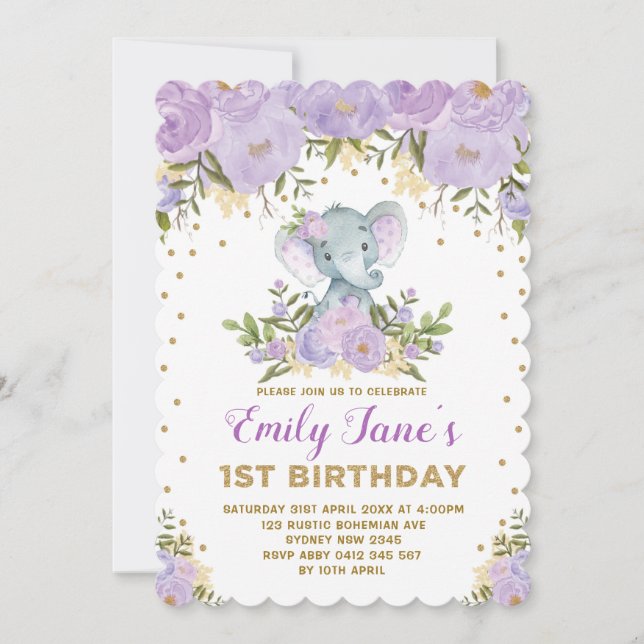 Cute Elephant 1st Birthday Lila Guld Flowers Inbjudningar (Framsida)