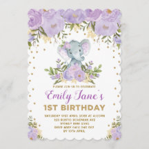 Cute Elephant 1st Birthday Lila Guld Flowers