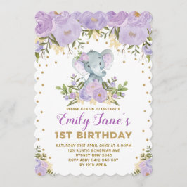 Cute Elephant 1st Birthday Lila Guld Flowers Inbjudningar
