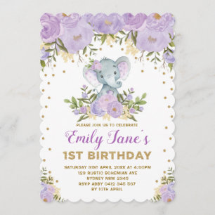 Cute Elephant 1st Birthday Lila Guld Flowers Inbjudningar