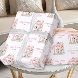 Cute Elephant 1st Birthday Rosa Personlig Namn Presentpapper