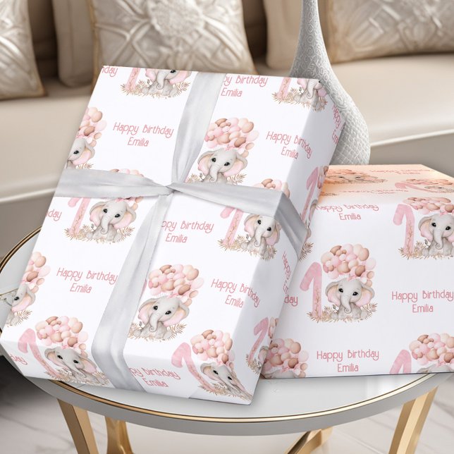 Cute Elephant 1st Birthday Rosa Personlig Namn Presentpapper (Cute Elephant 1st Birthday Girl Pink Personalized Wrapping Paper)