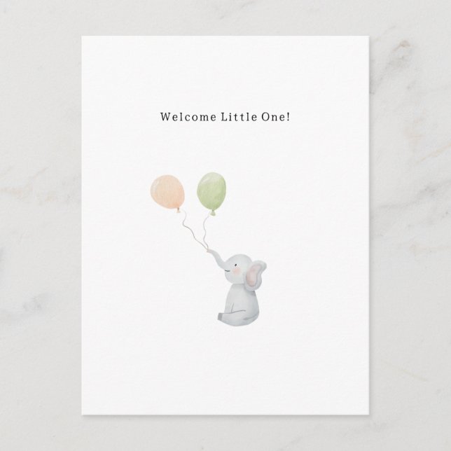 Cute Elephant And Balloons Welcome New Baby Card. Vykort (Framsida)
