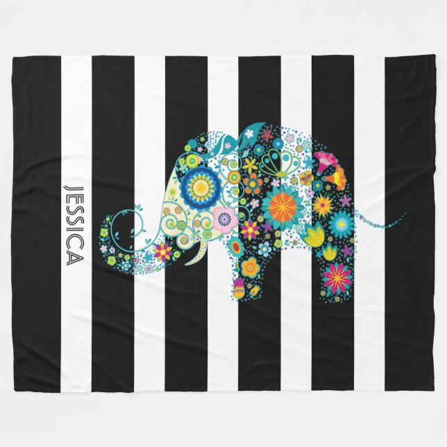 Cute Elephant and Black & White Rand Fleecefilt (Framsidan (Horisontell))