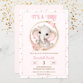 Cute Elephant and Flowers Rosa Baby Shower Inbjudningar