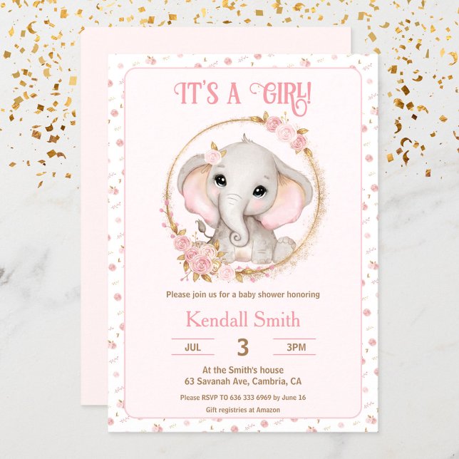Cute Elephant and Flowers Rosa Baby Shower Inbjudningar (Skapare uppladdad)