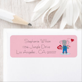 Cute Elephant and Hearts Rosa Return-adressetikett Returadress Etikett
