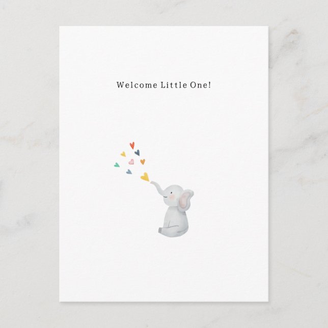 Cute Elephant And Hearts Welcome New Baby Card Vykort (Framsida)