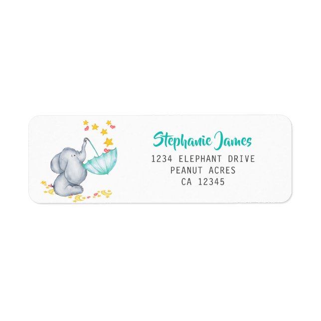 Cute Elephant and Stars Baby Shower Returadress Returadress Etikett (Framsidan)