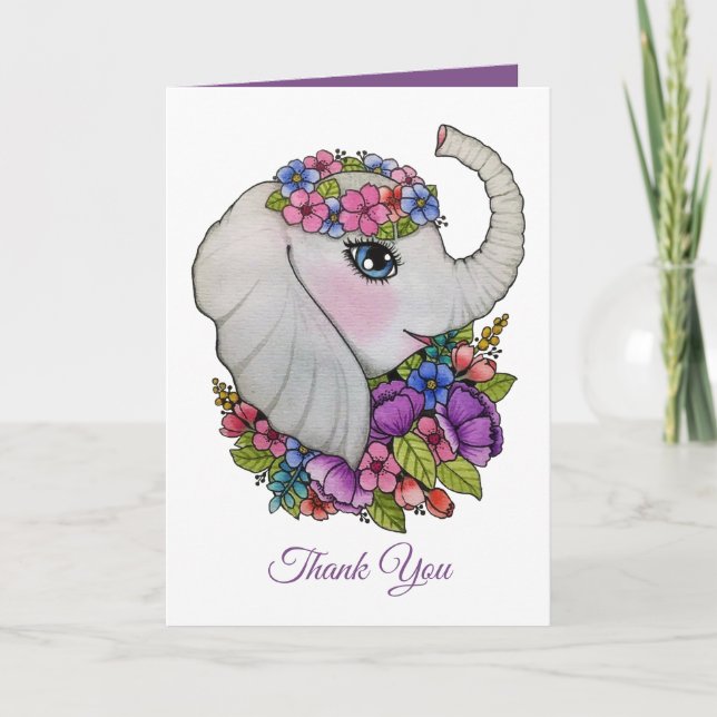 Cute Elephant and Vild Flowers in Watercolor Kort (Framsida)