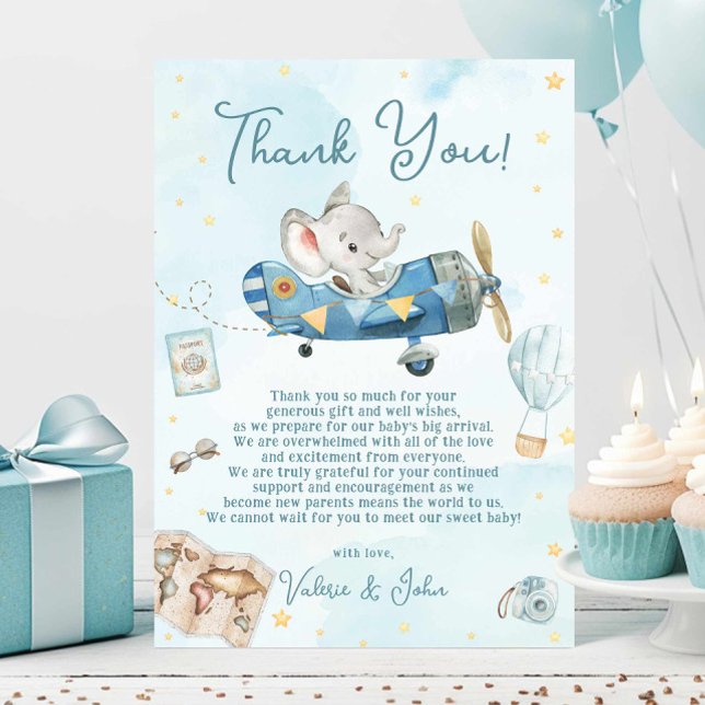 Cute Elephant Äventyr Baby Shower Birthday Tack Kort (Skapare uppladdad)