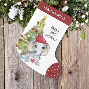 Cute Elephant BABY FIRST CHRISTMAS Red White Dot Liten Julstrumpa