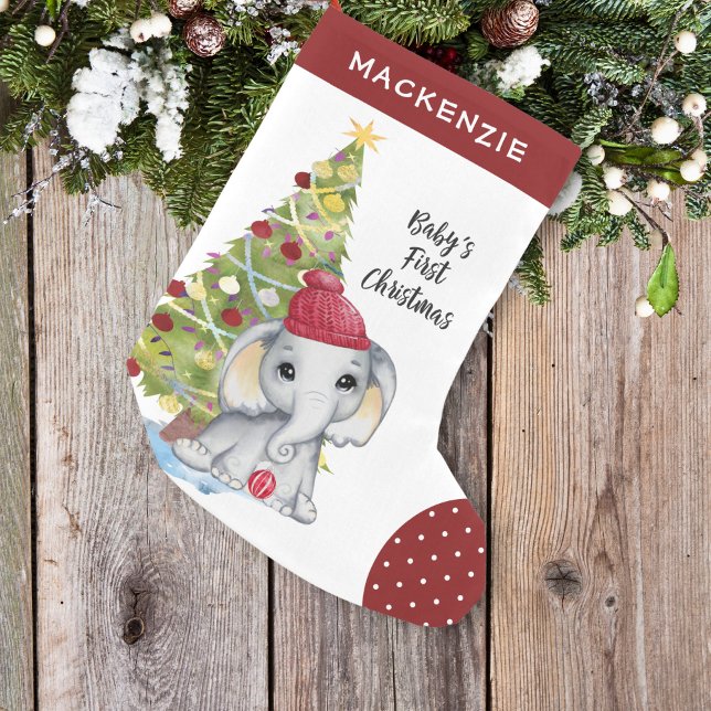 Cute Elephant BABY FIRST CHRISTMAS Red White Dot Liten Julstrumpa (Skapare uppladdad)