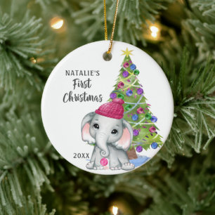 Cute Elephant Baby First jul Girl Photo Julgransprydnad Keramik