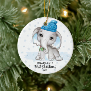 Cute Elephant Baby First jul Photo Namn Julgransprydnad Keramik