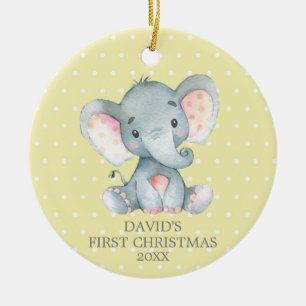 Cute Elephant Baby Första julen Gult och Grått Julgransprydnad Keramik