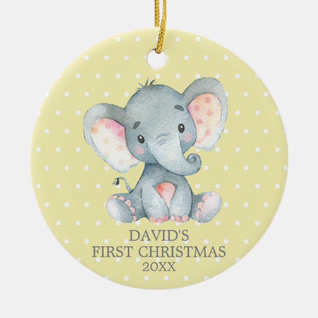 Cute Elephant Baby Första julen Gult och Grått Julgransprydnad Keramik (Framsidan)