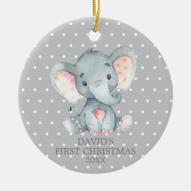 Cute Elephant Baby Grått för första jul Julgransprydnad Keramik (Framsidan)
