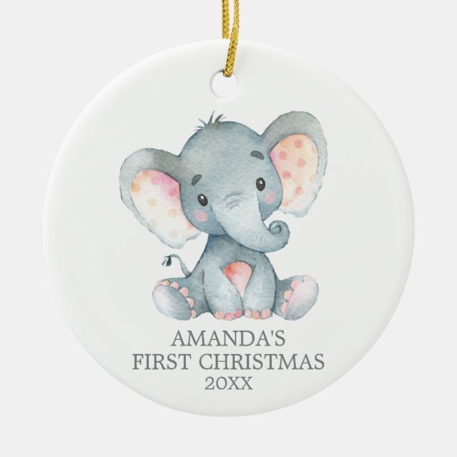 Cute Elephant Baby Grått för första jul Julgransprydnad Keramik (Framsidan)