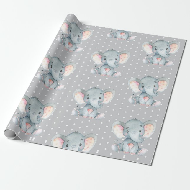 Cute Elephant Baby Grått Presentpapper (Utrullad)