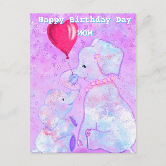 Cute Elephant Baby och Mamma Födelsedagskort Vykort (Framsida)