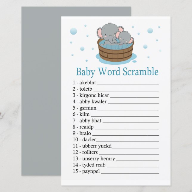 Cute Elephant Baby ord scramble-spel (Fram/baksida)