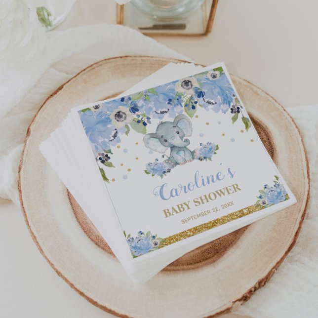 Cute Elephant Baby Shower Blue Blommigt Pappersservett (Skapare uppladdad)