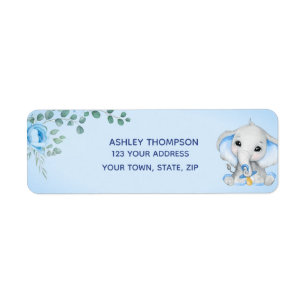Cute Elephant Baby Shower Boy Blue Blommigt Adress Returadress Etikett