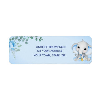 Cute Elephant Baby Shower Boy Blue Blommigt Adress Returadress Etikett