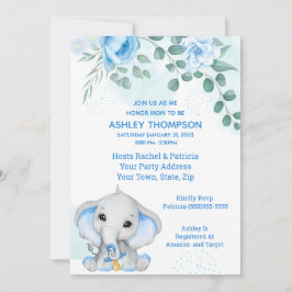 Cute Elephant Baby Shower Boy Blue Blommigt Inbjudningar