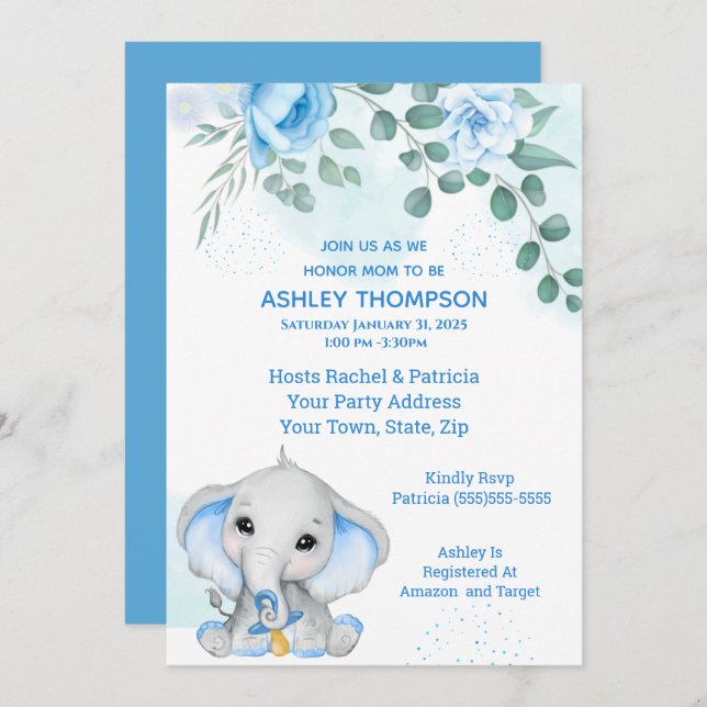 Cute Elephant Baby Shower Boy Blue Blommigt Inbjudningar (Fram/baksida)