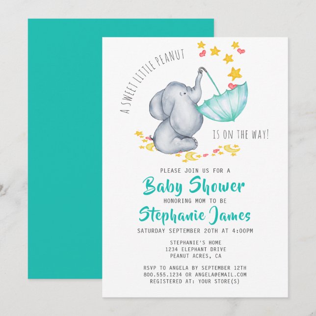 Cute Elephant Baby Shower Gender Neutral Inbjudningar (Fram/baksida)