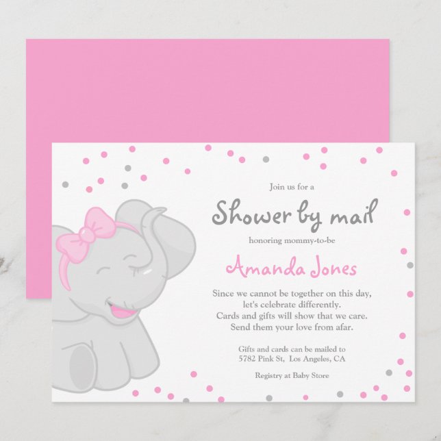 Cute Elephant Baby Shower Girl 🎀 🐘 inbjudan (Fram/baksida)