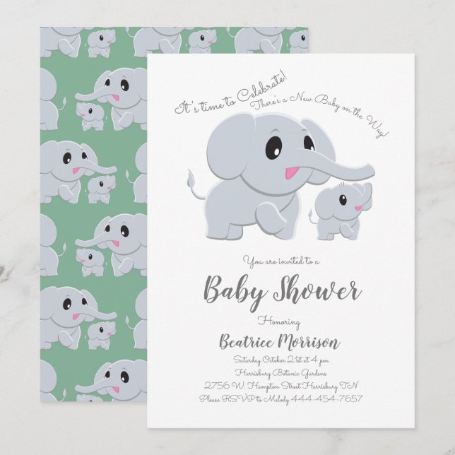Cute Elephant Baby Shower Green Gender Neutral Inbjudningar (Fram/baksida)