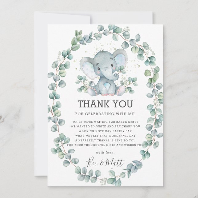 Cute Elephant Baby Shower Greenery Eucalyptus Boy Tack Kort (Framsida)