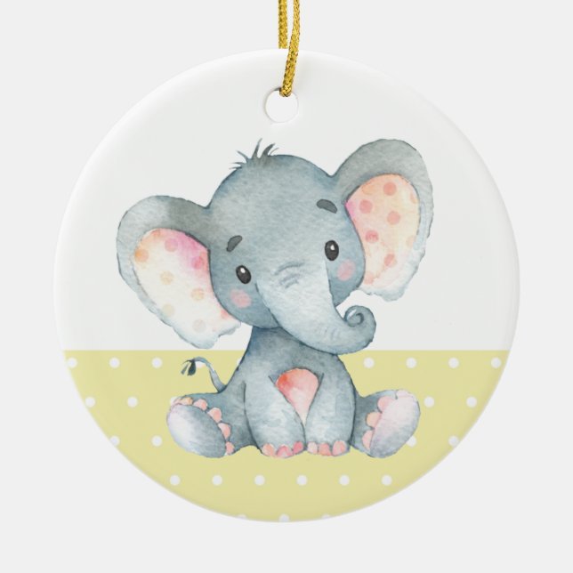 Cute Elephant Baby Shower Gult Julgransprydnad Keramik (Framsidan)