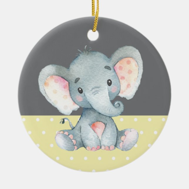 Cute Elephant Baby Shower Gult Julgransprydnad Keramik (Framsidan)