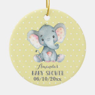 Cute Elephant Baby Shower-Gult och Grått Julgransprydnad Keramik
