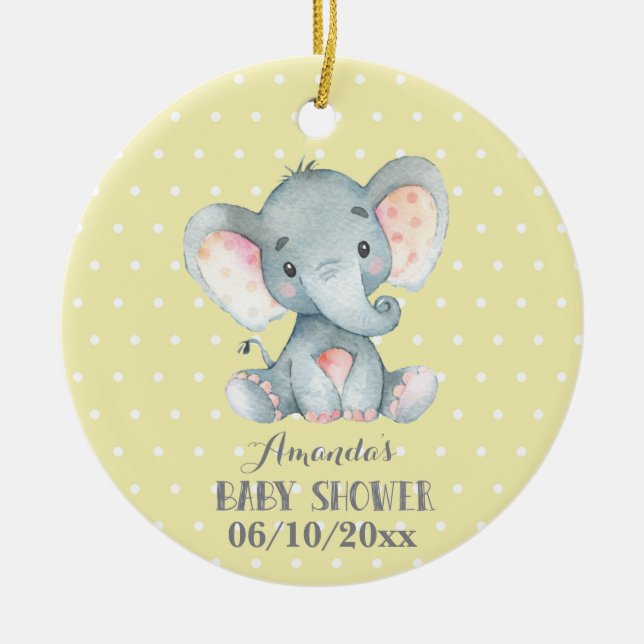 Cute Elephant Baby Shower-Gult och Grått Julgransprydnad Keramik (Framsidan)