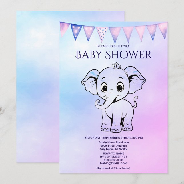 Cute Elephant Baby Shower-inbjudan Inbjudningar (Fram/baksida)