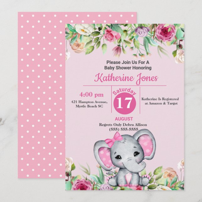 Cute Elephant Baby Shower-inbjudan Inbjudningar (Fram/baksida)