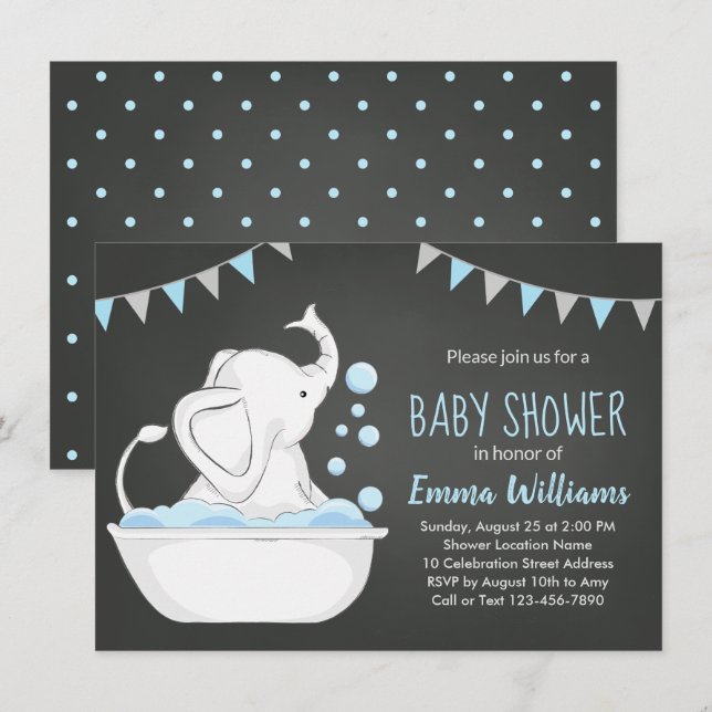 Cute Elephant Baby Shower-inbjudan till Boy Blue Inbjudningar (Fram/baksida)