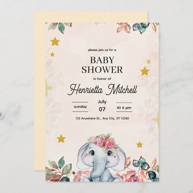 Cute Elephant Baby Shower Invite, Girl Baby Shower Inbjudningar (Fram/baksida)