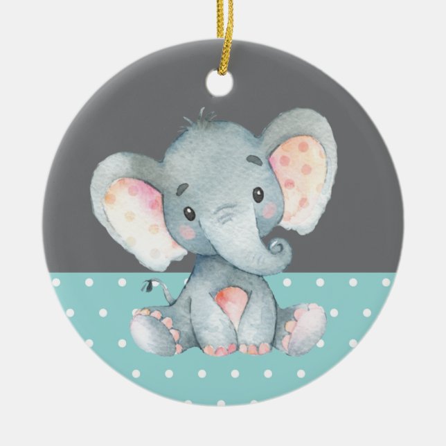 Cute Elephant Baby Shower Teal Aqua Turcos Julgransprydnad Keramik (Framsidan)
