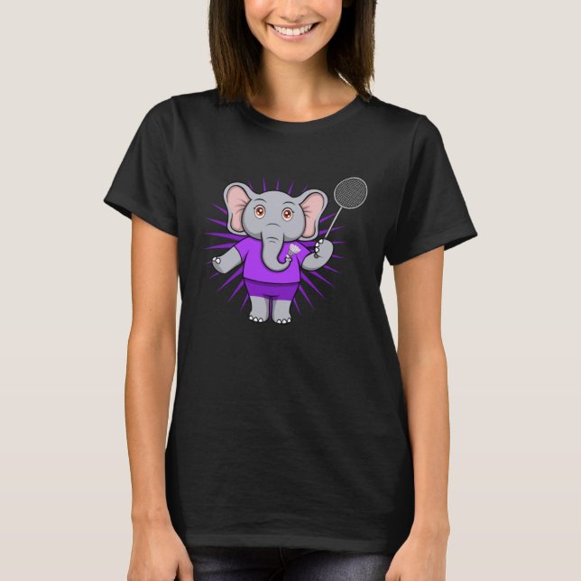 Cute Elephant Badminton Player Ironic Hobby Sports T Shirt (Framsida)