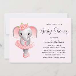 Cute Elephant Ballerina Rosa & Grått Baby Shower Inbjudningar