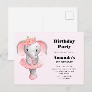 Cute Elephant Ballerina Rosa & Grått Birthday Inbjudan Vykort