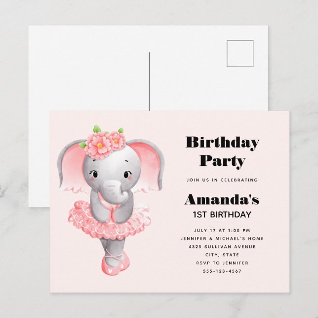 Cute Elephant Ballerina Rosa & Grått Birthday Inbjudan Vykort (Fram/baksida)