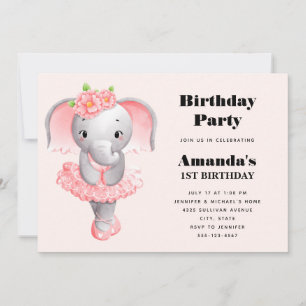 Cute Elephant Ballerina Rosa & Grått Birthday Inbjudningar