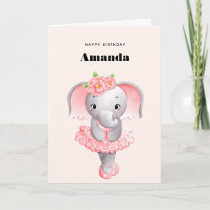 Cute Elephant Ballerina Rosa & Grått Birthday Kort